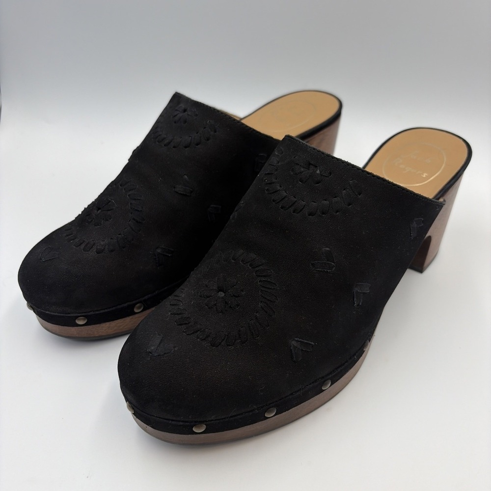 Jack Rogers Studded Black Suede Chunky Platform Clogs Wood Heel Y2K‎ Womens 10